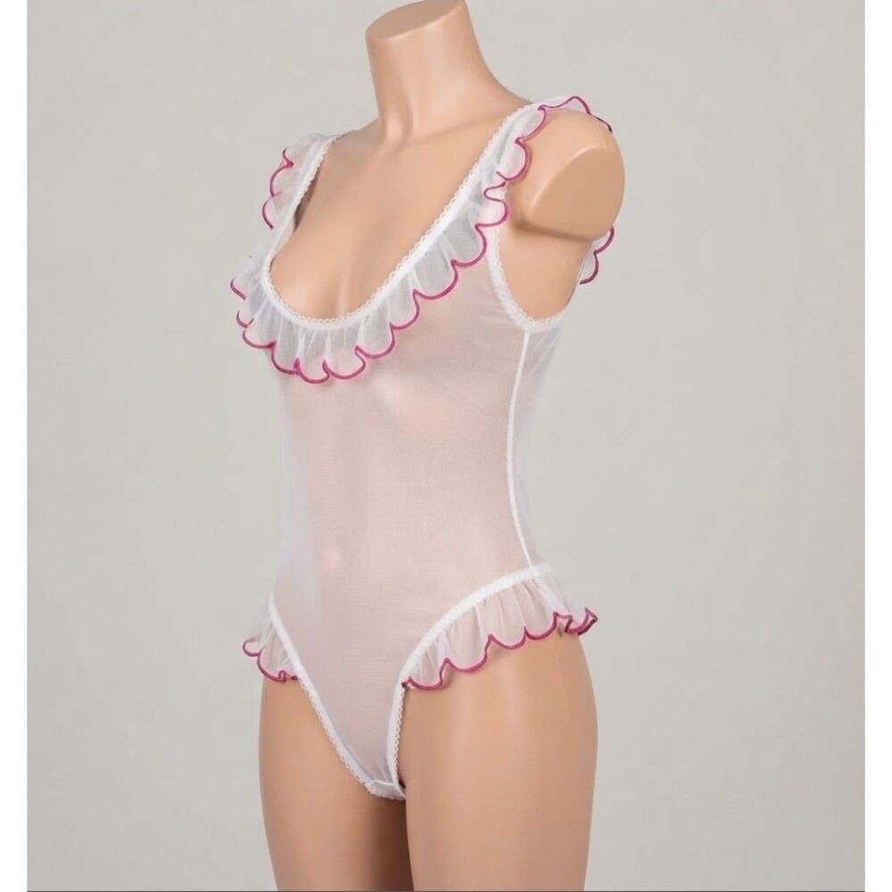 Women's White Sheer Mesh Bodysuit Thong Hot Pink Ruffle Trim Scoop Neck M
